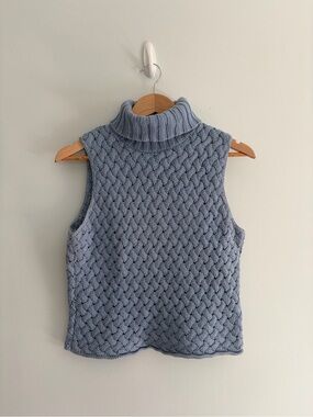 Vintage Sleeveless Turtleneck Cotton Knit Sweater Vest - Periwinkle, SP